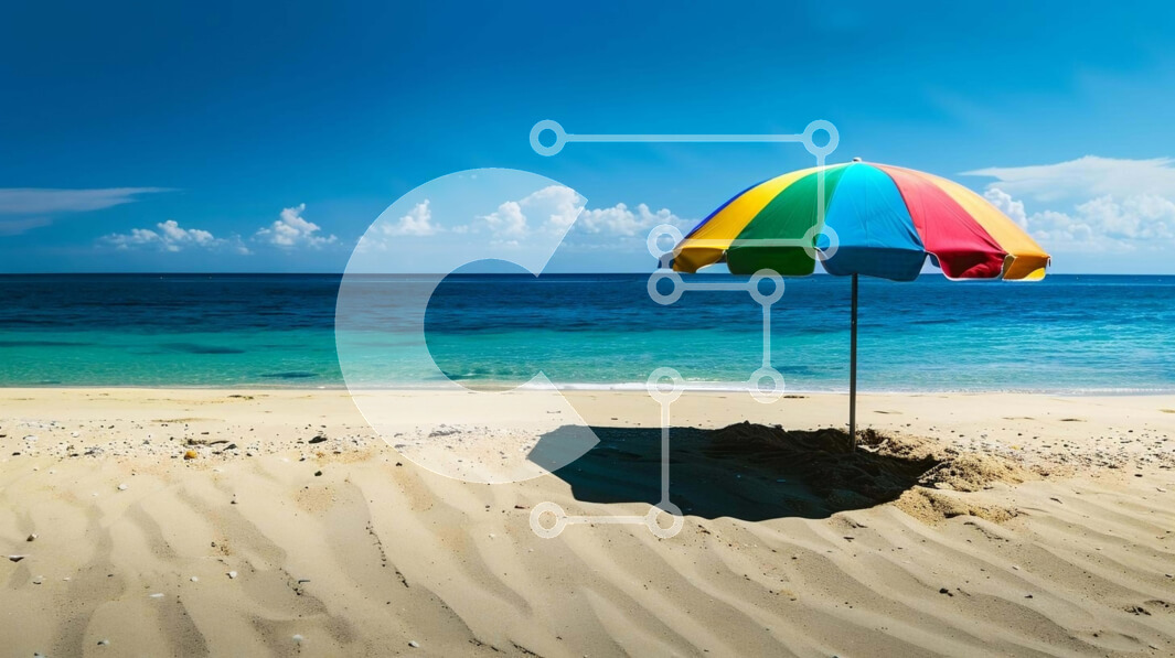 Intra Συλλεκτικό Ξύλινο Παζλ Plywood  4mm - Πολύχρωμη ομπρέλα στην αμμώδη παραλία δίπλα στον ωκεανό Σε Ξύλινο Κουτί - Διαστάσεις: 10x10 cm – 25 κομμάτια