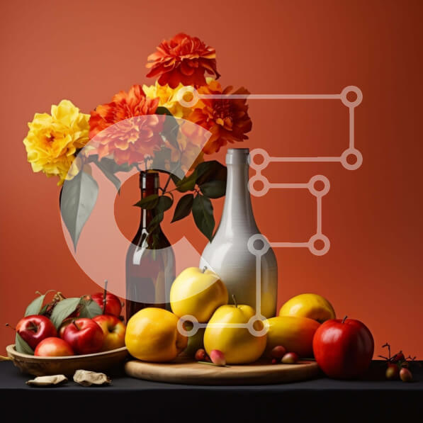 Σετ των 2 Intra Συλλεκτικό Ξύλινο Παζλ Plywood  4mm - Πολύχρωμη σύνθεση φρούτων και λουλουδιών με μπουκάλι κρασιού Σε Ξύλινο Κουτί - Διαστάσεις: 10x10 cm – 25 κομμάτια