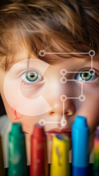 Intra Συλλεκτικό Ξύλινο Παζλ Plywood  4mm - Μικρό παιδί με λαμπερά πράσινα μάτια και πολύχρωμα κραγιόνια Σε Ξύλινο Κουτί - Διαστάσεις Puzzle: 10x10 cm – 25 κομμάτια