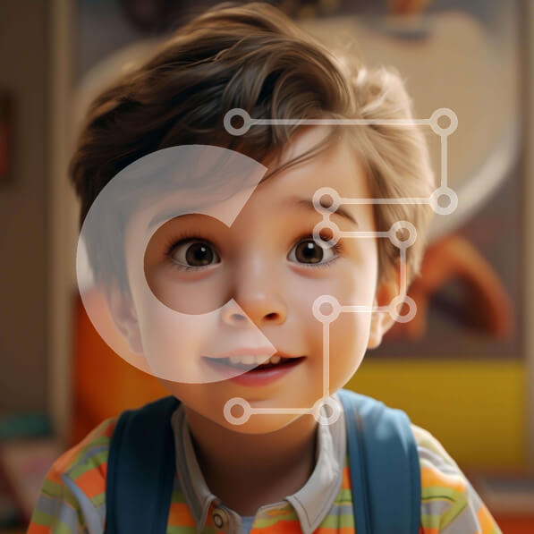 Intra Συλλεκτικό Ξύλινο Παζλ Plywood  4mm - Νεαρό αγόρι με φωτεινά μπλε μάτια και πορτοκαλί σακίδιο πλάτης Σε Ξύλινο Κουτί - Διαστάσεις Puzzle: 10x10 cm – 25 κομμάτια