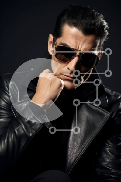 Intra Συλλεκτικό Ξύλινο Παζλ Plywood  4mm - Άνδρας με μαύρο δερμάτινο μπουφάν και γυαλιά ηλίου που ποζάρει με το χέρι στο πηγούνι Σε Ξύλινο Κουτί - Διαστάσεις Puzzle: 10x10 cm – 25 κομμάτια