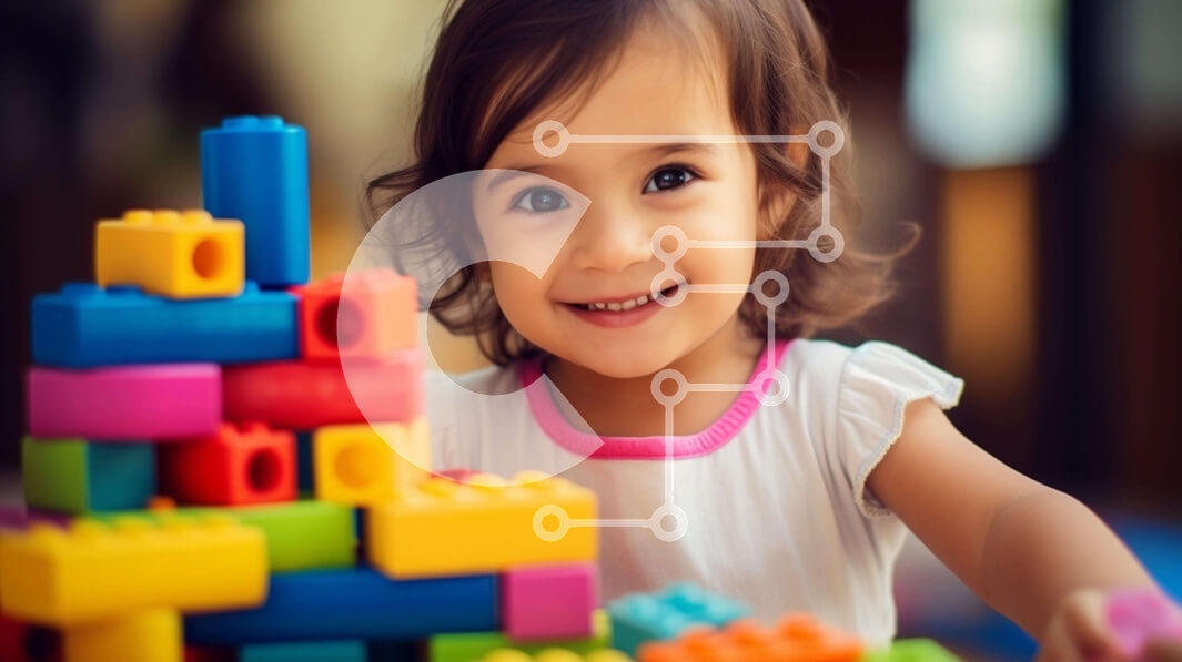 Intra Συλλεκτικό Ξύλινο Παζλ Plywood  4mm - Νεαρό κορίτσι που παίζει με πολύχρωμα δομικά στοιχεία Σε Ξύλινο Κουτί - Διαστάσεις Puzzle: 10x10 cm – 25 κομμάτια