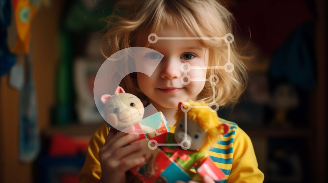 Intra Συλλεκτικό Ξύλινο Παζλ Plywood  4mm - Χαρούμενη στιγμή: Νεαρό κορίτσι που παίζει με γεμιστά ζώα Σε Ξύλινο Κουτί - Διαστάσεις Puzzle: 10x10 cm – 25 κομμάτια