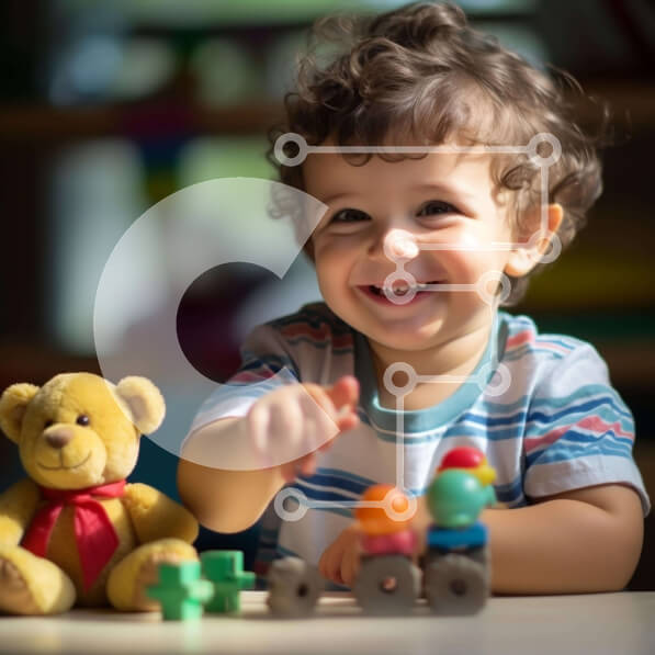 Intra Συλλεκτικό Ξύλινο Παζλ Plywood  4mm - Νεαρό αγόρι που παίζει με αρκουδάκια και ξύλινα παιχνίδια Σε Ξύλινο Κουτί - Διαστάσεις Puzzle: 10x10 cm – 25 κομμάτια