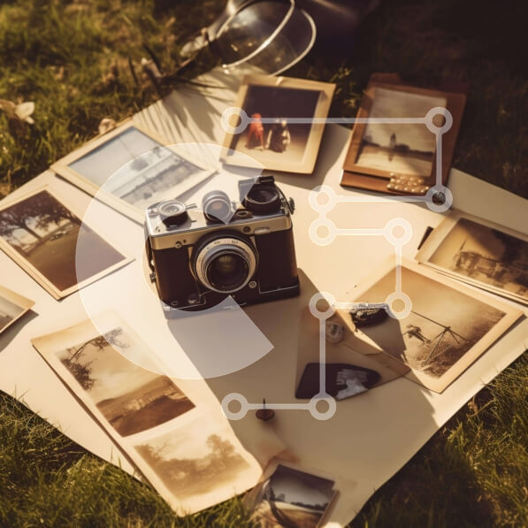 Intra Συλλεκτικό Ξύλινο Παζλ Plywood  4mm - Vintage φωτογραφική μηχανή και φωτογραφίες σε χαρτί με γυαλιά ηλίου Σε Ξύλινο Κουτί - Διαστάσεις: 10x10 cm – 25 κομμάτια