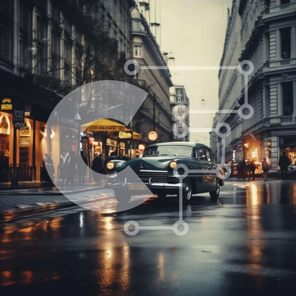 Intra Συλλεκτικό Ξύλινο Παζλ Plywood  4mm - Παλιό αυτοκίνητο που οδηγεί στην οδό Wet City Σε Ξύλινο Κουτί - Διαστάσεις Puzzle: 10x10 cm – 25 κομμάτια