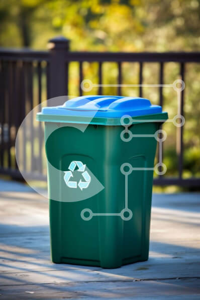 Intra Συλλεκτικό Ξύλινο Παζλ Plywood  4mm - Πράσινος κάδος απορριμμάτων σε υπαίθριο ξύλινο κατάστρωμα Σε Ξύλινο Κουτί - Διαστάσεις: 10x10 cm – 25 κομμάτια