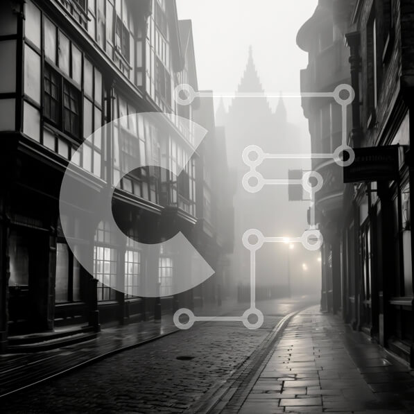 Intra Συλλεκτικό Ξύλινο Παζλ Plywood  4mm - Σκοτεινή και ομιχλώδης οδός σε μια παλιά πόλη Σε Ξύλινο Κουτί - Διαστάσεις Puzzle: 10x10 cm – 25 κομμάτια