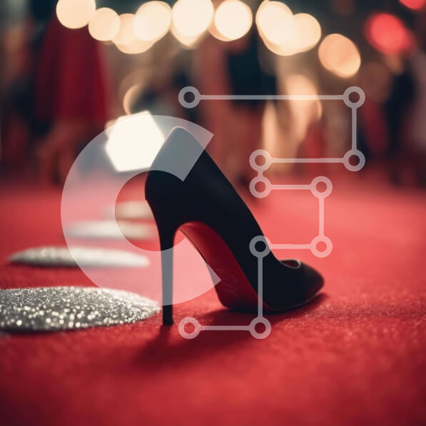 Σετ των 2 Intra Συλλεκτικό Ξύλινο Παζλ Plywood  4mm - Μαύρο ψηλοτάκουνο παπούτσι στο κόκκινο χαλί με ανθρώπους Σε Ξύλινο Κουτί - Διαστάσεις: 10x10 cm – 25 κομμάτια