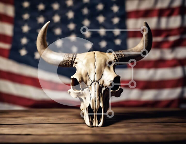 Intra Συλλεκτικό Ξύλινο Παζλ Plywood  4mm - Κρανίο ταύρου ενάντια στην αμερικανική σημαία Σε Ξύλινο Κουτί - Διαστάσεις Puzzle: 10x10 cm – 25 κομμάτια