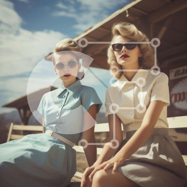 Intra Συλλεκτικό Ξύλινο Παζλ Plywood  4mm - Δύο γυναίκες στο ντεμοντέ βενζινάδικο Σε Ξύλινο Κουτί - Διαστάσεις Puzzle: 10x10 cm – 25 κομμάτια