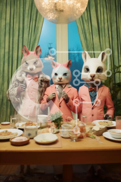 Intra Συλλεκτικό Ξύλινο Παζλ Plywood  4mm - Τρεις άνθρωποι ντυμένοι σαν κουνέλια σε ένα τραπέζι φαγητού Σε Ξύλινο Κουτί - Διαστάσεις: 10x10 cm – 25 κομμάτια