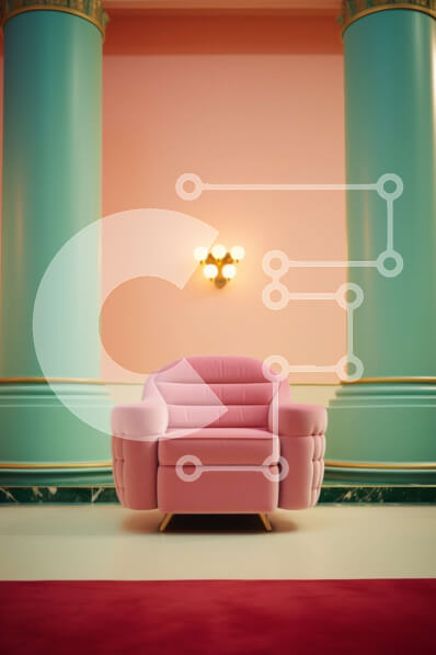 Intra Συλλεκτικό Ξύλινο Παζλ Plywood  4mm - Ροζ καρέκλα σε άδειο δωμάτιο με κόκκινο χαλί και κολώνες Σε Ξύλινο Κουτί - Διαστάσεις Puzzle: 10x10 cm – 25 κομμάτια