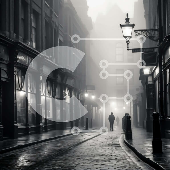 Intra Συλλεκτικό Ξύλινο Παζλ Plywood  4mm - Ομιχλώδης οδός με ανθρώπους που περπατούν και κτίρια Σε Ξύλινο Κουτί - Διαστάσεις Puzzle: 10x10 cm – 25 κομμάτια