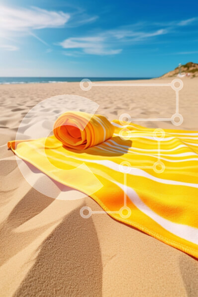 Σετ των 2 Intra Συλλεκτικό Ξύλινο Παζλ Plywood  4mm - Κίτρινη πετσέτα στην άμμο παραλίας κοντά στον ωκεανό Σε Ξύλινο Κουτί - Διαστάσεις: 10x10 cm – 25 κομμάτια