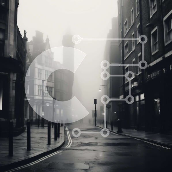 Intra Συλλεκτικό Ξύλινο Παζλ Plywood  4mm - Σκοτεινή και ομιχλώδης οδός της πόλης με τον Πύργο του Ρολογιού Σε Ξύλινο Κουτί - Διαστάσεις Puzzle: 10x10 cm – 25 κομμάτια