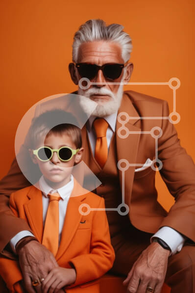 Intra Συλλεκτικό Ξύλινο Παζλ Plywood  4mm - Ηλικιωμένος άνδρας και νεαρό αγόρι με ασορτί πορτοκαλί κοστούμια και γυαλιά ηλίου Σε Ξύλινο Κουτί - Διαστάσεις Puzzle: 10x10 cm – 25 κομμάτια