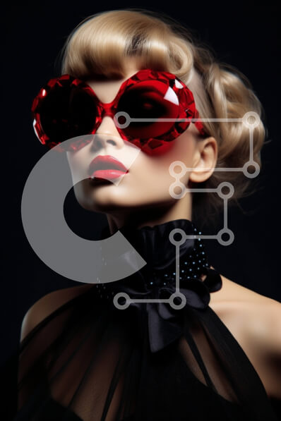 Intra Συλλεκτικό Ξύλινο Παζλ Plywood  4mm - Κομψή γυναίκα με κόκκινα γυαλιά ηλίου και μαύρο φόρεμα Σε Ξύλινο Κουτί - Διαστάσεις Puzzle: 10x10 cm – 25 κομμάτια