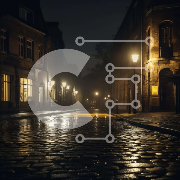 Intra Συλλεκτικό Ξύλινο Παζλ Plywood  4mm - Νυχτερινή σκηνή: Υγρή λιθόστρωτη οδός και φωτισμένα κτίρια Σε Ξύλινο Κουτί - Διαστάσεις Puzzle: 10x10 cm – 25 κομμάτια