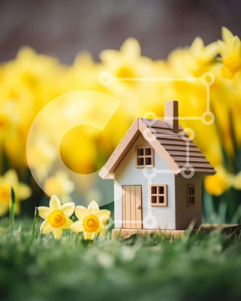 Σετ των 2 Intra Συλλεκτικό Ξύλινο Παζλ Plywood  4mm - Σπίτι παιχνιδιών ανάμεσα στους κίτρινους νάρκισσους Σε Ξύλινο Κουτί - Διαστάσεις: 10x10 cm – 25 κομμάτια