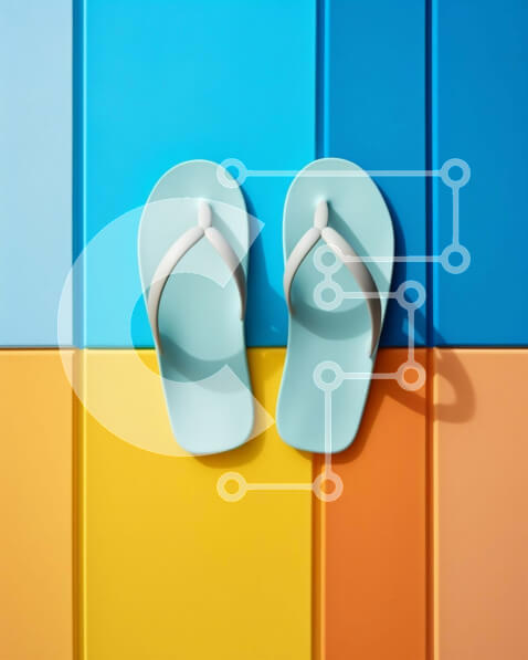 Intra Συλλεκτικό Ξύλινο Παζλ Plywood  4mm - Μπλε σανδάλια σαγιονάρας σε πολύχρωμο φόντο Σε Ξύλινο Κουτί - Διαστάσεις Puzzle: 10x10 cm – 25 κομμάτια