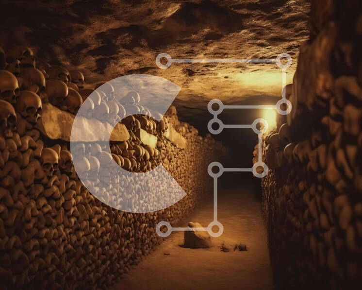 Intra Συλλεκτικό Ξύλινο Παζλ Plywood  4mm - Πέρασμα νεκροταφείου Montparnasse με κρανία και φώτα Σε Ξύλινο Κουτί - Διαστάσεις Puzzle: 10x10 cm – 25 κομμάτια