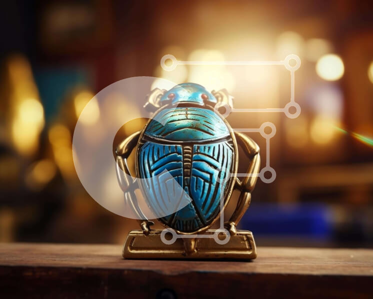 Intra Συλλεκτικό Ξύλινο Παζλ Plywood  4mm - Μπλε και χρυσός σκαραβαίος σκαραβαίος σε ξύλινο τραπέζι Σε Ξύλινο Κουτί - Διαστάσεις: 10x10 cm – 25 κομμάτια