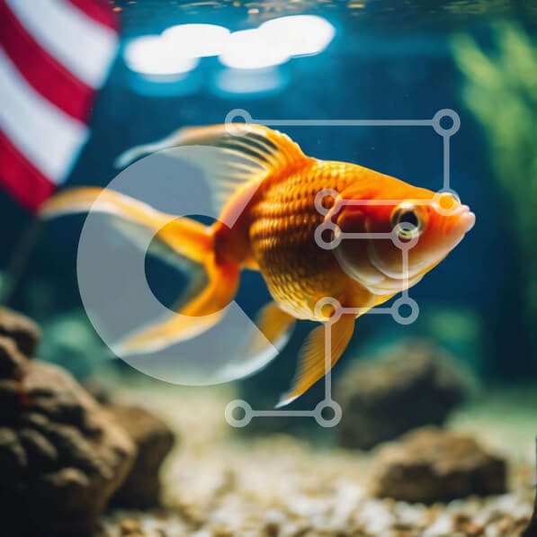 Intra Συλλεκτικό Ξύλινο Παζλ Plywood  4mm - Χρυσόψαρο που κολυμπά στο ενυδρείο με αμερικανική σημαία Σε Ξύλινο Κουτί - Διαστάσεις: 10x10 cm – 25 κομμάτια