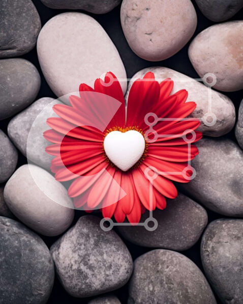 Intra Συλλεκτικό Ξύλινο Παζλ Plywood  4mm - Σκηνή της φύσης με κόκκινο λουλούδι ανάμεσα σε βράχους και πέτρα σε σχήμα καρδιάς Σε Ξύλινο Κουτί - Διαστάσεις: 10x10 cm – 25 κομμάτια