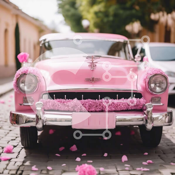 Intra Συλλεκτικό Ξύλινο Παζλ Plywood  4mm - Vintage ροζ αυτοκίνητο με λουλούδια στη λιθόστρωτη οδό Σε Ξύλινο Κουτί - Διαστάσεις Puzzle: 10x10 cm – 25 κομμάτια
