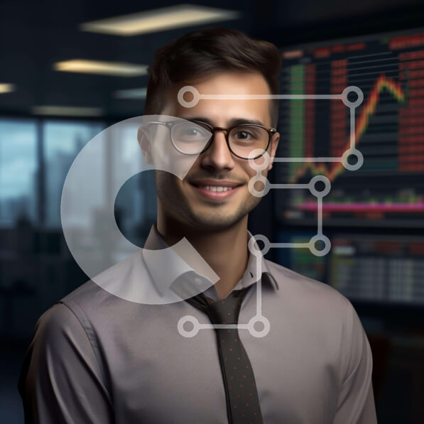 Intra Συλλεκτικό Ξύλινο Παζλ Plywood  4mm - Άνδρας στο γραφείο με οθόνες δεδομένων χρηματιστηρίου και επαγγελματικές κάρτες Σε Ξύλινο Κουτί - Διαστάσεις Puzzle: 10x10 cm – 25 κομμάτια