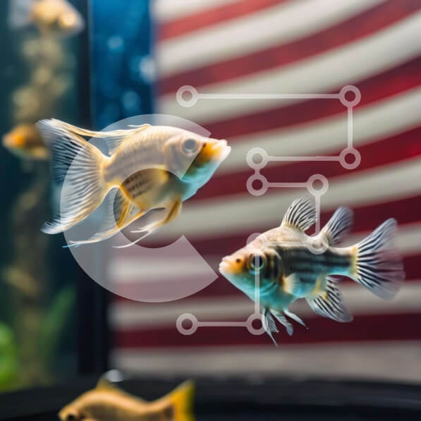 Intra Συλλεκτικό Ξύλινο Παζλ Plywood  4mm - Πολύχρωμα ψάρια που κολυμπούν στο ενυδρείο με φόντο την αμερικανική σημαία Σε Ξύλινο Κουτί - Διαστάσεις: 10x10 cm – 25 κομμάτια