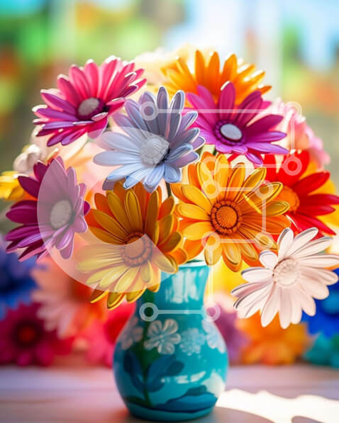 Intra Συλλεκτικό Ξύλινο Παζλ Plywood  4mm - Πολύχρωμα χάρτινα λουλούδια σε μπλε βάζο Σε Ξύλινο Κουτί - Διαστάσεις Puzzle: 10x10 cm – 25 κομμάτια