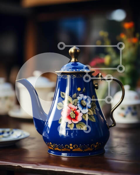 Intra Συλλεκτικό Ξύλινο Παζλ Plywood  4mm - Μπλε τσαγιέρα με φλοράλ σχέδια σε αντίκες ξύλινο τραπέζι Σε Ξύλινο Κουτί - Διαστάσεις: 10x10 cm – 25 κομμάτια