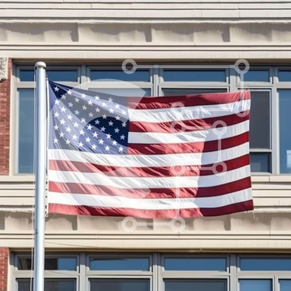 Intra Συλλεκτικό Ξύλινο Παζλ Plywood  4mm - Μεγάλη αμερικανική σημαία κοντά σε πολυκατοικία Σε Ξύλινο Κουτί - Διαστάσεις Puzzle: 10x10 cm – 25 κομμάτια