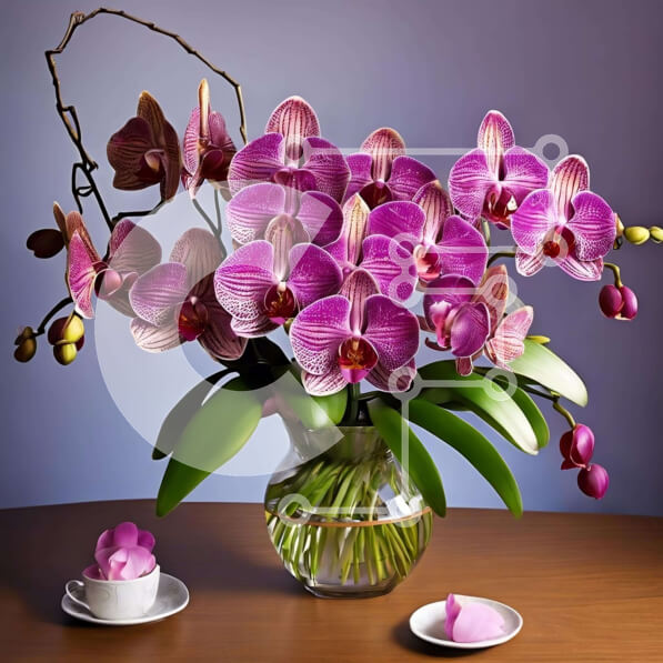 Intra Συλλεκτικό Ξύλινο Παζλ Plywood  4mm - Μωβ ορχιδέες σε ένα διάφανο βάζο σε ένα ξύλινο τραπέζι Σε Ξύλινο Κουτί - Διαστάσεις: 10x10 cm – 25 κομμάτια