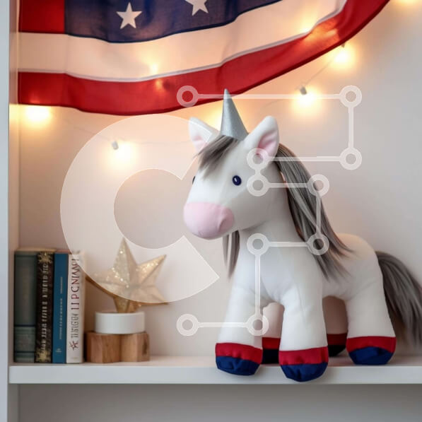 Intra Συλλεκτικό Ξύλινο Παζλ Plywood  4mm - Γεμιστός μονόκερος σε αμερικανική σημαία και ράφι Σε Ξύλινο Κουτί - Διαστάσεις Puzzle: 10x10 cm – 25 κομμάτια