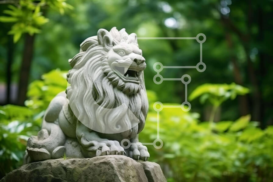 Intra Συλλεκτικό Ξύλινο Παζλ Plywood  4mm - Πέτρινο άγαλμα λιονταριού στον ανατολίτικο κήπο ή πάρκο Σε Ξύλινο Κουτί - Διαστάσεις: 10x10 cm – 25 κομμάτια