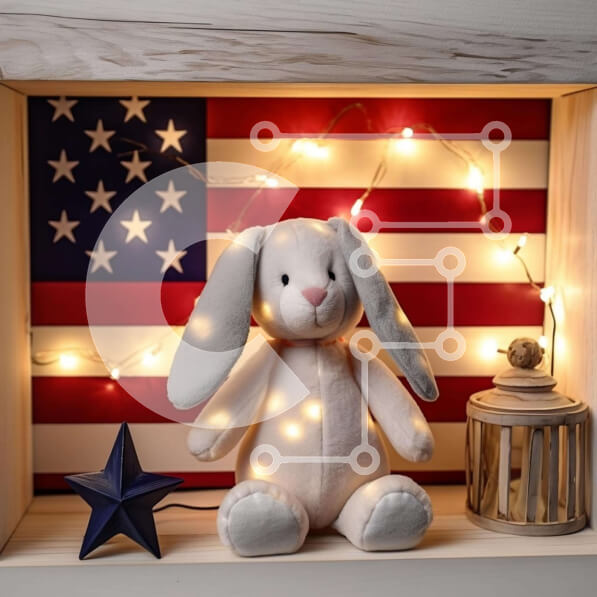 Intra Συλλεκτικό Ξύλινο Παζλ Plywood  4mm - Εορταστική σκηνή με γεμιστό λαγουδάκι και αμερικανική σημαία Σε Ξύλινο Κουτί - Διαστάσεις Puzzle: 10x10 cm – 25 κομμάτια