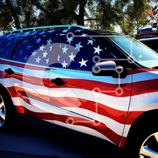 Intra Συλλεκτικό Ξύλινο Παζλ Plywood  4mm - Κόκκινο, λευκό και μπλε SUV με αμερικανική σημαία Σε Ξύλινο Κουτί - Διαστάσεις Puzzle: 10x10 cm – 25 κομμάτια