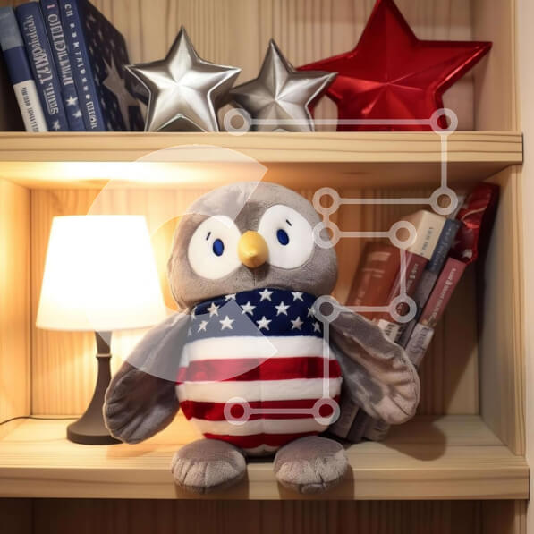 Intra Συλλεκτικό Ξύλινο Παζλ Plywood  4mm - Γεμιστή κουκουβάγια σε ράφια με μοτίβο αμερικανικής σημαίας Σε Ξύλινο Κουτί - Διαστάσεις: 10x10 cm – 25 κομμάτια