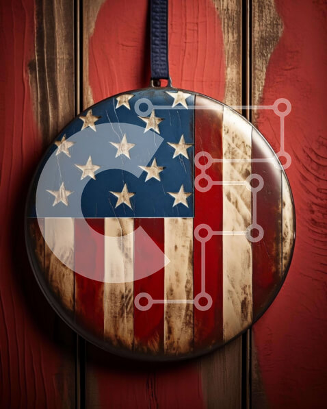 Intra Συλλεκτικό Ξύλινο Παζλ Plywood  4mm - Στολίδι σε σχήμα αμερικανικής σημαίας σε κόκκινο ξύλινο τοίχο Σε Ξύλινο Κουτί - Διαστάσεις Puzzle: 10x10 cm – 25 κομμάτια