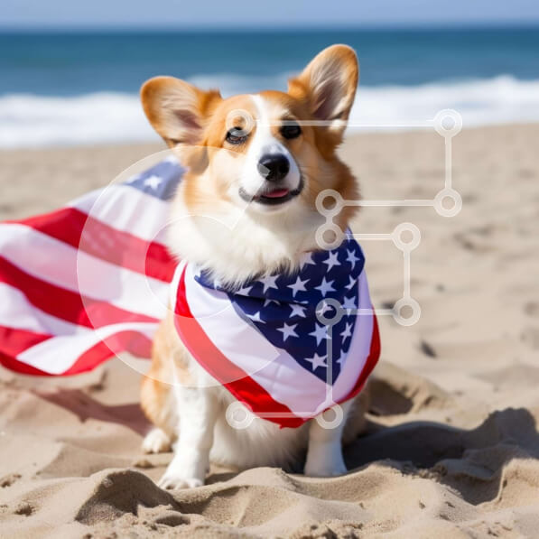 Intra Συλλεκτικό Ξύλινο Παζλ Plywood  4mm - Σκύλος Corgi στην παραλία με αμερικανική σημαία Bandana Σε Ξύλινο Κουτί - Διαστάσεις Puzzle: 10x10 cm – 25 κομμάτια