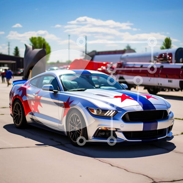 Intra Συλλεκτικό Ξύλινο Παζλ Plywood  4mm - Ασημί και λευκό Ford Mustang με κόκκινες, λευκές και μπλε ρίγες ανάμεσα σε οχήματα έκτακτης ανάγκης Σε Ξύλινο Κουτί - Διαστάσεις Puzzle: 10x10 cm – 25 κομμάτια