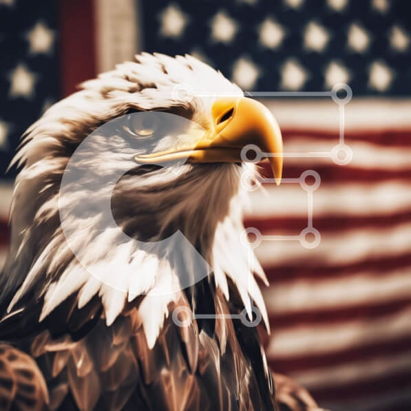 Intra Συλλεκτικό Ξύλινο Παζλ Plywood  4mm - Μεγαλοπρεπής αετός μπροστά από την αμερικανική σημαία Σε Ξύλινο Κουτί - Διαστάσεις: 10x10 cm – 25 κομμάτια