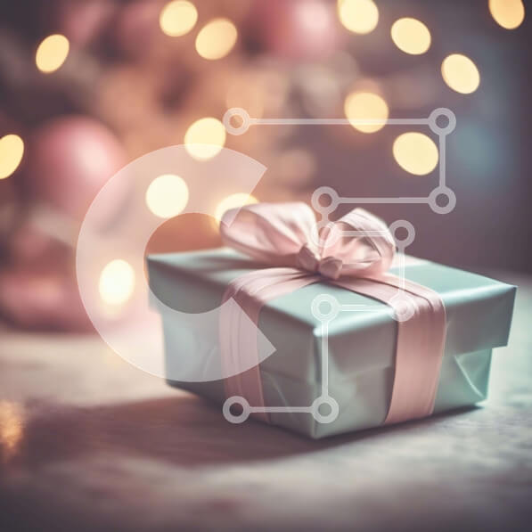 Intra Συλλεκτικό Ξύλινο Παζλ Plywood  4mm - Μπλε κουτί δώρου στο τραπέζι που περιβάλλεται από γιορτινά φώτα Σε Ξύλινο Κουτί - Διαστάσεις: 10x10 cm – 25 κομμάτια