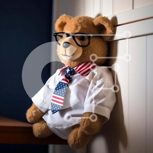 Intra Συλλεκτικό Ξύλινο Παζλ Plywood  4mm - Αρκουδάκι με γυαλιά και γραβάτα με αμερικανική σημαία Σε Ξύλινο Κουτί - Διαστάσεις: 10x10 cm – 25 κομμάτια