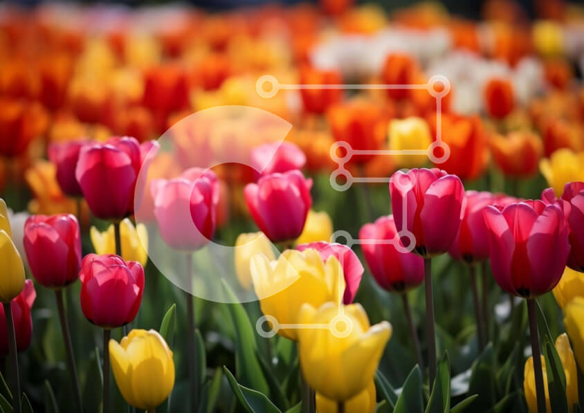 Intra Συλλεκτικό Ξύλινο Παζλ Plywood  4mm - Πολύχρωμο χωράφι με τουλίπα με διάφορα λουλούδια Σε Ξύλινο Κουτί - Διαστάσεις: 10x10 cm – 25 κομμάτια