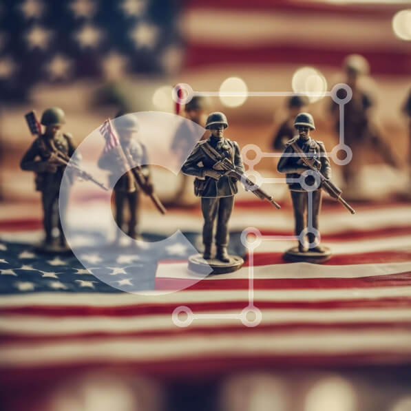 Intra Συλλεκτικό Ξύλινο Παζλ Plywood  4mm - Στρατιώτες παιχνίδι μπροστά από την αμερικανική σημαία Σε Ξύλινο Κουτί - Διαστάσεις: 10x10 cm – 25 κομμάτια