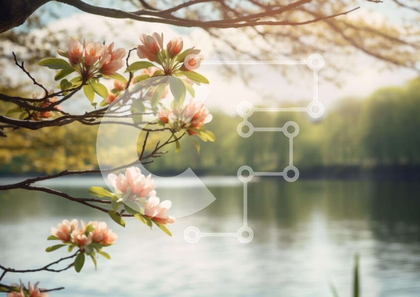 Intra Συλλεκτικό Ξύλινο Παζλ Plywood  4mm - Ήσυχη σκηνή της φύσης με κλαδί δέντρου και ροζ λουλούδια δίπλα στο νερό Σε Ξύλινο Κουτί - Διαστάσεις: 10x10 cm – 25 κομμάτια